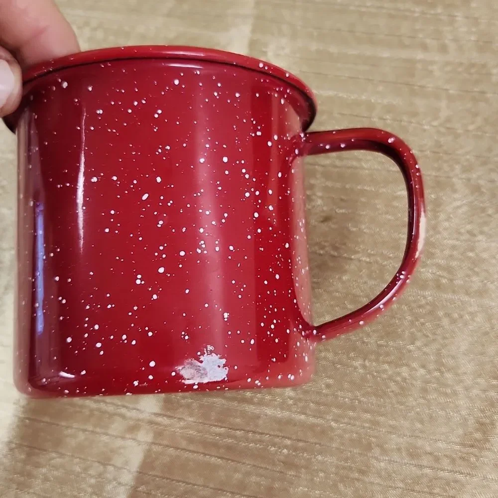 Red Enamel Ware Speckeled Metal Bowls and Cups